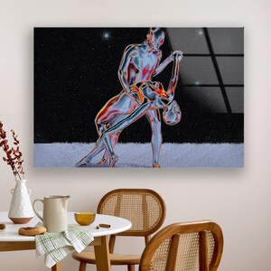 Futuristic Couple Abstract Wall Art – 4mm Tempered Glass UV Printed Metallic Design – Modern Love-Inspired Home Decor Panel image 5