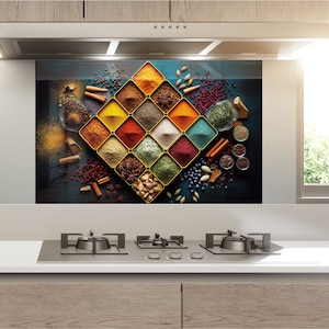 May include: A colorful kitchen backsplash with a diamond-shaped design featuring various spices in small containers. The backsplash is made of tempered glass and is easy to clean.