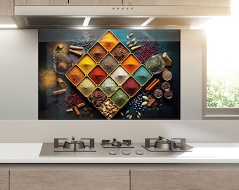 Kitchen Glass Splashback-Tempered Glass Herbs Backsplash Tile Kitchen Backsplash Tiles-Cooker Panel Waterproof-Herbs Spices Splashback