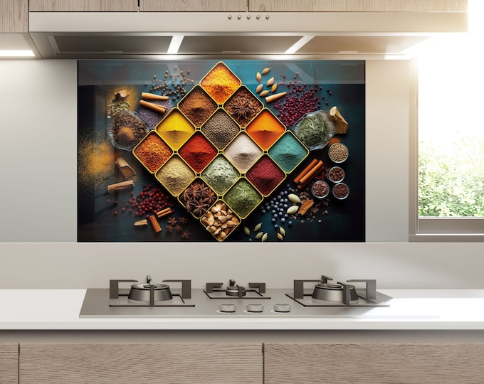 Kitchen Glass Splashback-Tempered Glass Herbs Backsplash Tile Kitchen Backsplash Tiles-Cooker Panel Waterproof-Herbs Spices Splashback