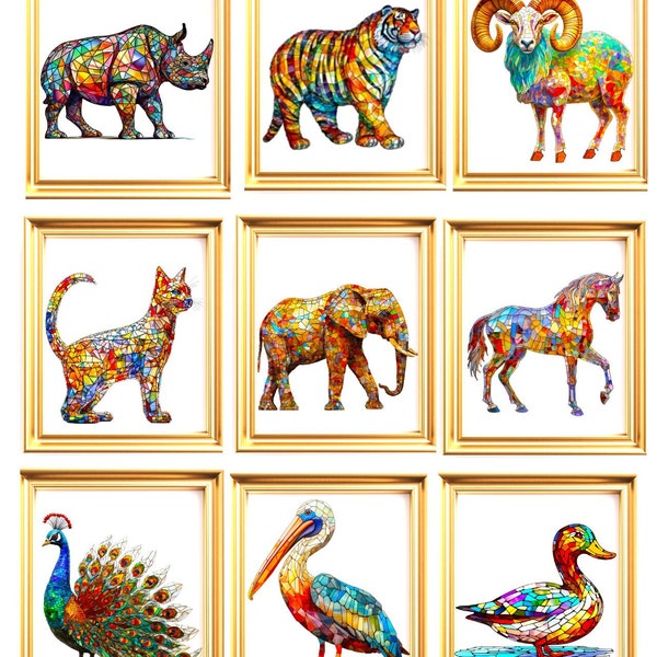 Stained Glass Artwork, Rhinos Tiger Ram Cat Elephant Horse Peacock Pelican Duck, Colorful Art Print 8.5”x11” Unframed TAKE YOUR PICK