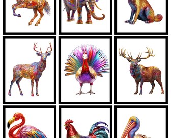 Artwork Print Made of Colorful Glitter, Horse Elephant Fox Deer Turkey Bird Elk Flamingo Rooster Chicken Pelican UNFRAMED 8.5”x11"