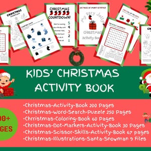 Puede incluir: Una imagen colorida que promociona un libro de actividades navideñas para niños con más de 600 páginas. El libro incluye actividades como búsquedas de palabras, colorear, marcadores de puntos, habilidades con tijeras e ilustraciones de Papá Noel y un muñeco de nieve. El libro es perfecto para los niños que aman la Navidad.