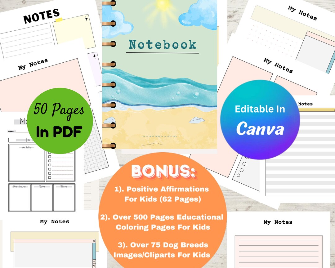 Kids Notebook, Empty Blank Note Page for Kids, 50 Pages, Bonus Positive ...