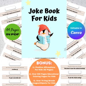 Op de afbeelding: Een printbaar grappenboek voor kinderen met een pinguïn in een rode hoed die een boek leest. Het boek heeft 64 pagina's en bevat positieve affirmaties, educatieve kleurplaten en afbeeldingen van hondenrassen.