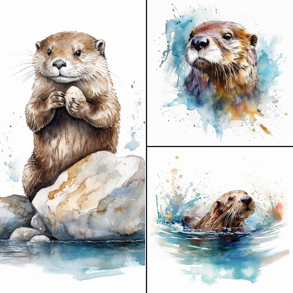 Otters Bundle, Watercolor, 20 High Quality Images, PNG, Commercial Use, Digital Download