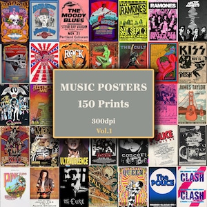 Music Concert Poster Set of 150, Vintage Band Posters, Retro & Classic Rock Posters and Covers, Aesthetic Wall Art, Pock Music Decore