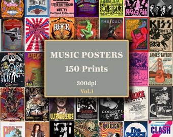 Conjunto de carteles de conciertos de música de 150, carteles de bandas vintage, carteles y portadas de rock retro y clásico, arte estético de la pared, decoración de música Pock