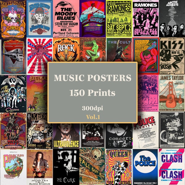 Music Concert Poster Set of 150, Vintage Band Posters, Retro & Classic Rock Posters and Covers, Aesthetic Wall Art, Pock Music Decore