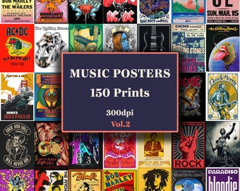 Music Concert Poster Set of 150 Vol2, Vintage Band Posters, Retro & Classic Rock Posters and Covers, Aesthetic Wall Art, Pock Music Decore