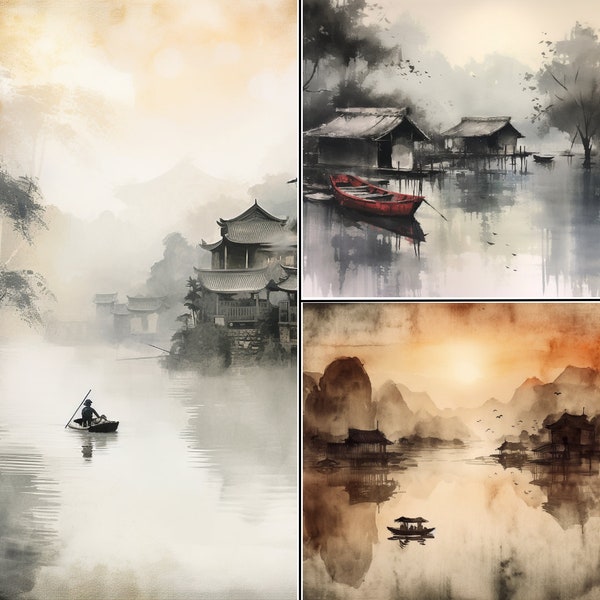 Azië Chinese stijl schilderijen bundel, inkt, 25 afbeeldingen van hoge kwaliteit, PNG, commercieel gebruik, digitale download