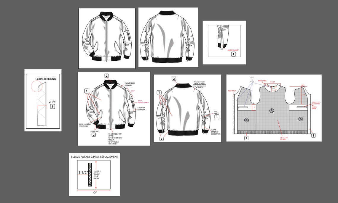 Bomber Jacket Fashion Flat Templates / Technical Drawings / - Etsy