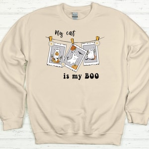 My Cat is My Boo Crewneck Sweatshirt, Cat Halloween Shirt, Cat Ghost Shirt, Gift for Cat Lover, Cat Mom Shirt, Halloween Kitty, Cat Lady