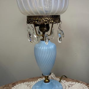 Vintage Blue Swirl pressed glass and opalescent Fenton shade. Victorian Boudoir Table Electric Lamp