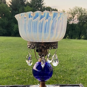 Vintage Cobalt Blue glass lamp and opalescent Fenton shade. Victorian Boudoir Table Electric Lamp
