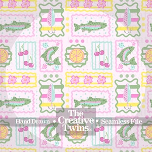 May include: A seamless pattern featuring illustrations of rainbow trout, fishing lures, cherries, and citrus slices on a light background. The design includes pink flowers and wavy green borders. Text reads: The Creative Twins Hand Drawn Seamless File.