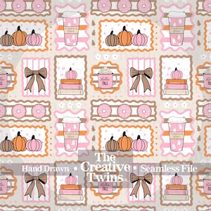 May include: A seamless digital pattern featuring repeating illustrations of pink donuts, pumpkin spice coffee cups, orange and pink pumpkins, brown bows, stacks of books with pumpkins, and mugs with the text Hello Fall. The Creative Twins logo is visible.
