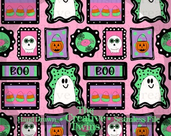 Spooky Halloween Frames Pink Digital Seamless Pattern | Hand Drawn | PNG 300 DPI | Halloween |  Stripes and Frames | Seamless File
