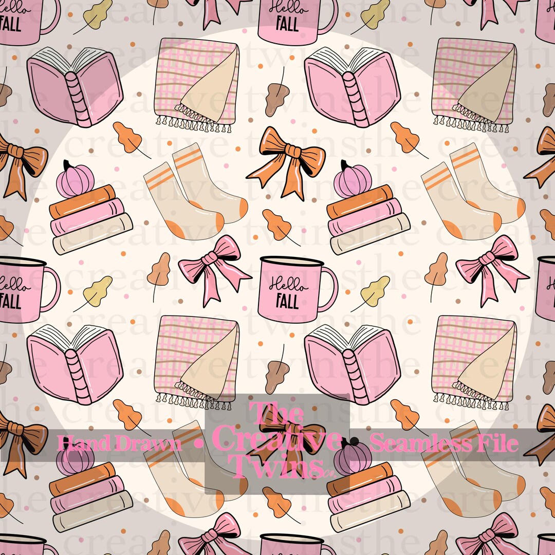 Cozy Coquette Fall Books Digital Seamless Pattern | Hand Drawn | PNG ...