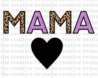 Op de afbeelding: Een paars en luipaardprint ontwerp dat "MAMA" zegt met een zwart hart eronder.