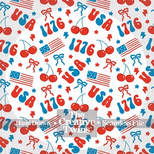 Red and Blue Patriotic USA Cherries and Bows Digital Seamless Pattern | Hand Drawn | PNG 300 DPI | 4th of July | Seamless File