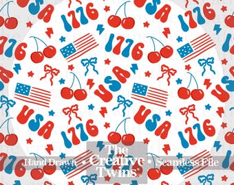 Red and Blue Patriotic USA Cherries and Bows Digital Seamless Pattern | Hand Drawn | PNG 300 DPI | 4th of July | Seamless File