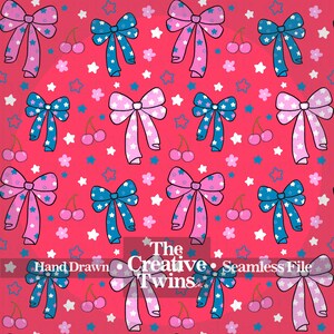 Red USA Patriotic Bows and Cherries Digital Seamless Pattern | Hand Drawn | PNG 300 DPI | 4th of July | Seamless File
