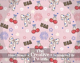 Pink Coquette Patriotic USA Digital Seamless Pattern | Hand Drawn | PNG 300 DPI | 4th of July | Seamless File