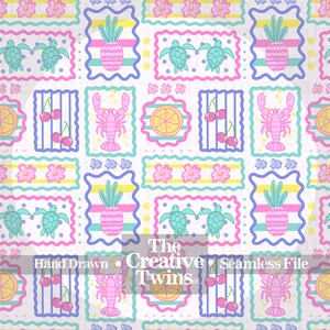 May include: A seamless pattern featuring repeating illustrations of pink pineapples, light blue sea turtles, pink lobsters, yellow citrus slices, and red cherries on a white background with the text The Creative Twins Hand Drawn Seamless File.