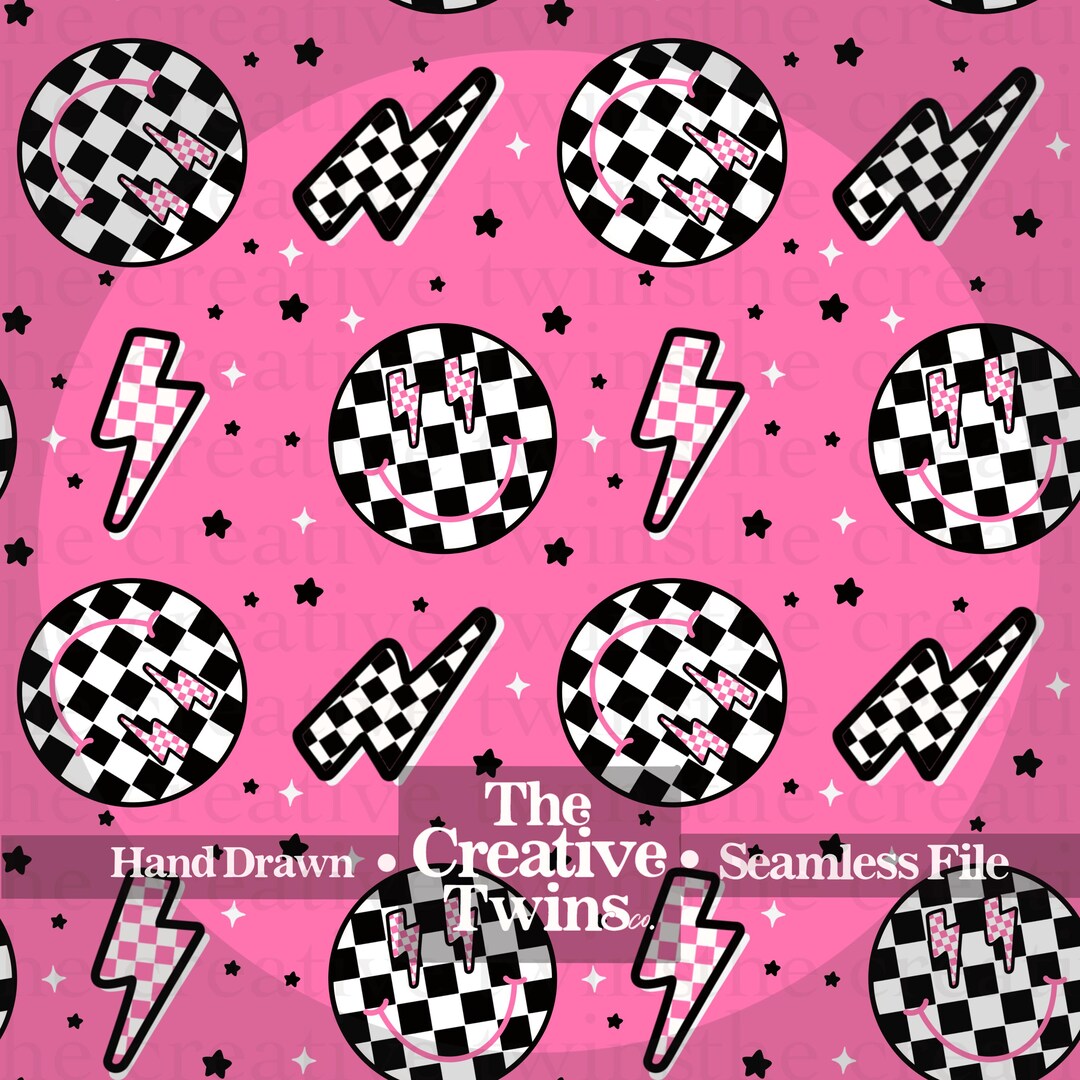 Checkered Smiley and Lightning Bolts Digital Seamless Pattern | Hand ...