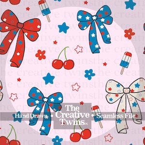 Pink USA Patriotic Bows and Cherries Digital Seamless Pattern | Hand Drawn | PNG 300 DPI | 4th of July | Seamless File image 3