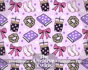 Purple Cozy Girl Bookish and Coffee Digital Seamless Pattern | Hand Drawn | PNG 300 DPI | Leopard and Flowers | Seamless File