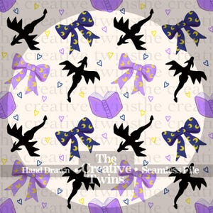 Purple Fantasy Books and Dragons Digital Seamless Pattern | Hand Drawn | PNG 300 DPI | Purple | Dragons | Books | Bows | Seamless File
