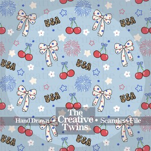 Blue Coquette Patriotic USA Digital Seamless Pattern | Hand Drawn | PNG 300 DPI | 4th of July | Seamless File