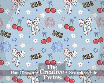 Blue Coquette Patriotic USA Digital Seamless Pattern | Hand Drawn | PNG 300 DPI | 4th of July | Seamless File