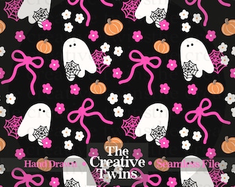 Pink Bows and Cute Ghosts Digital Seamless Pattern | Hand Drawn | PNG 300 DPI | Halloween | Seamless File
