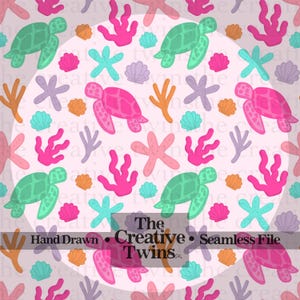 May include: Seamless pattern featuring hand-drawn sea turtles, starfish, coral, and seashells in shades of pink, green, orange, and blue. The Creative Twins logo is at the bottom. The design is on a light pink background.