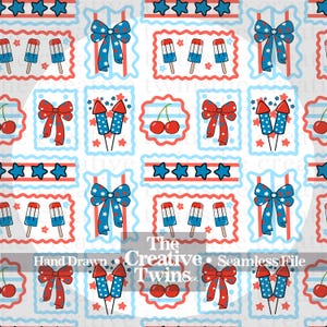 USA Patriotic Bows Cherries, and Bomb Pops Frames Digital Seamless Pattern | Hand Drawn | PNG 300 DPI | 4th of July | Seamless File