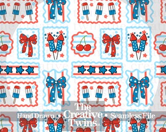 USA Patriotic Bows Cherries, and Bomb Pops Frames Digital Seamless Pattern | Hand Drawn | PNG 300 DPI | 4th of July | Seamless File