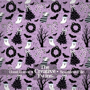 May include: Seamless pattern with a Halloween and Christmas theme. The design features black bats, wreaths, Christmas trees, ghosts wearing Santa hats, candy canes, and striped stockings on a lavender background. The text "The Creative Twins" is also present.