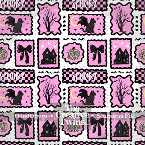 May include: A repeating pattern featuring pink and black rectangular frames containing illustrations of black cats with wings, bare trees, haunted houses, bows, and pumpkins. The word SPOOKY appears in white text. The Creative Twins text is visible.