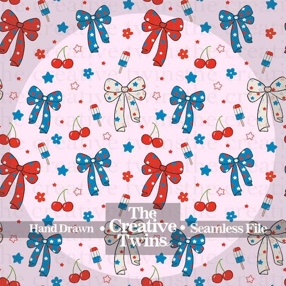 Pink USA Patriotic Bows and Cherries Digital Seamless Pattern | Hand Drawn | PNG 300 DPI | 4th of July | Seamless File