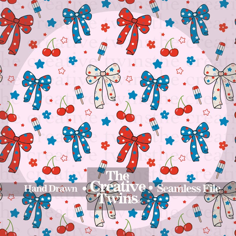 Pink USA Patriotic Bows and Cherries Digital Seamless Pattern | Hand Drawn | PNG 300 DPI | 4th of July | Seamless File image 1