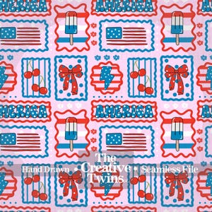 Pink USA Patriotic Bows Cherries, and Bomb Pops Frames Digital Seamless Pattern | Hand Drawn | PNG 300 DPI | 4th of July | Seamless File