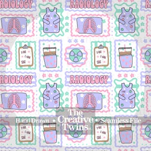 May include: A seamless pattern featuring repeating radiology-themed illustrations including pink rib cages, purple lead aprons with smiley face pins, clipboards labeled X-RAY, C-ARM, STAT, radiation symbols, and coffee cups on a light gray background.