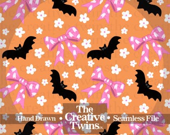 Spooky Bats and Ghost Bows Digital Seamless Pattern | Hand Drawn | PNG 300 DPI | Pink and Orange | Seamless File
