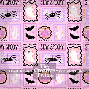 May include: A seamless pattern featuring Halloween-themed illustrations on a pink background. The design includes ghosts, spiders, bats, pumpkins, and the text "Stay Spooky". The Creative Twins logo is also visible.