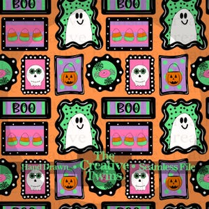 May include: A repeating pattern featuring Halloween-themed illustrations on an orange background. The design includes ghosts, candy corn, skulls, jack-o'-lanterns, and spiders. The word "BOO" is also present. The Creative Twins Hand Drawn Seamless File.