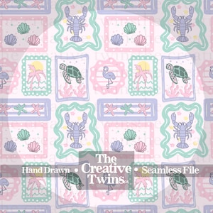 May include: A hand-drawn seamless pattern featuring sea creatures and tropical elements. The design includes lobsters, seashells, turtles, flamingos, palm trees, and starfish in pastel colors. The text "The Creative Twins" is also present.