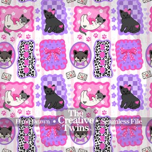 May include: Seamless pattern featuring cartoon cats, bows, hearts, and paw prints in pink, purple, and black. The design includes the text "The Creative Twins co." and "Hand Drawn Seamless File".